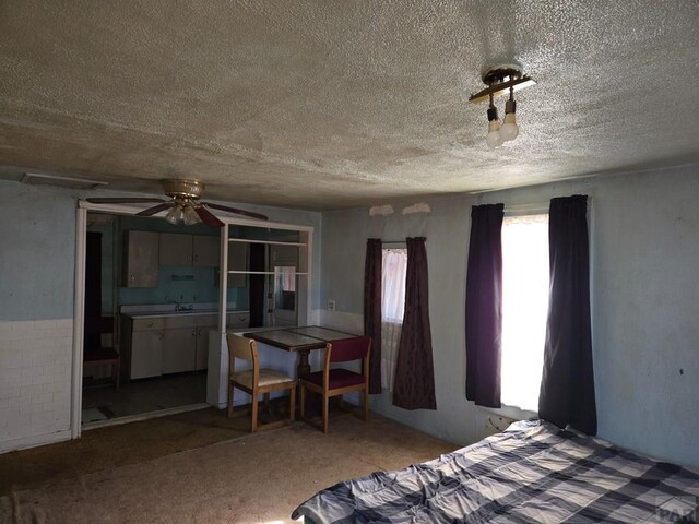 bedroom with a sink and a textured ceiling