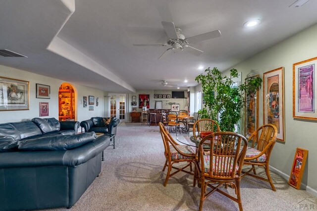 dining area featuring light carpet, baseboards, visible vents, ceiling fan, and recessed lighting