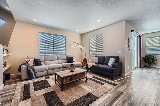 living area featuring a textured ceiling, baseboards, wood finished floors, and recessed lighting