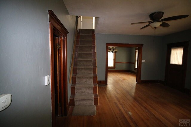 stairway featuring a ceiling fan, baseboards, and wood finished floors