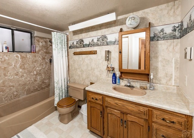 11210 Eggar Dr, Peyton, CO 80831 - bathroom featuring vanity, toilet, a textured ceiling, tile patterned floors, and shower / bath combo with shower curtain