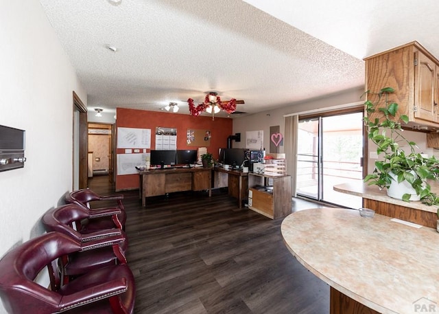 11210 Eggar Dr, Peyton, CO 80831 - interior space with dark wood finished floors, baseboard heating, ceiling fan, and a textured ceiling