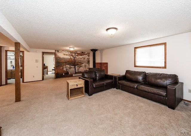 11210 Eggar Dr, Peyton, CO 80831 - living area with a textured ceiling, a wood stove, and light carpet