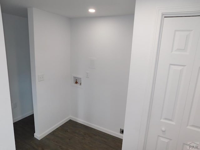 laundry room featuring hookup for a washing machine, baseboards, dark wood finished floors, and recessed lighting