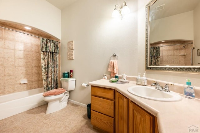 bathroom featuring baseboards, toilet, shower / tub combo with curtain, tile patterned floors, and vanity