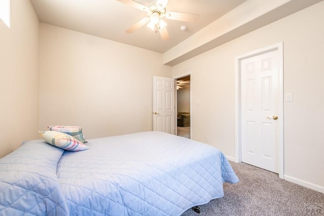 bedroom with carpet flooring, ceiling fan, and baseboards