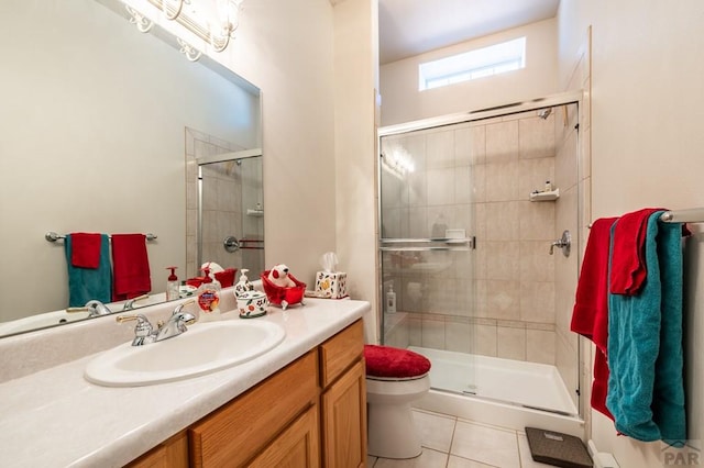 full bath featuring toilet, a shower stall, vanity, and tile patterned floors