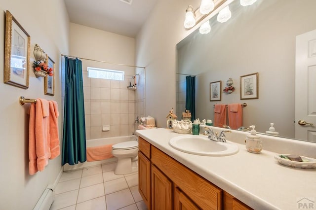 full bathroom featuring toilet, shower / bathtub combination with curtain, tile patterned flooring, vanity, and a baseboard heating unit