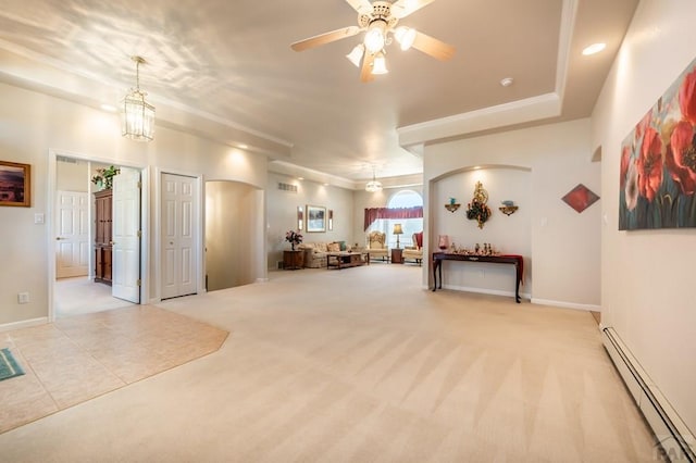 interior space with arched walkways, baseboard heating, light carpet, and visible vents