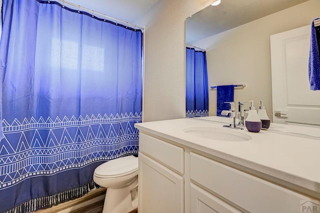 bathroom featuring toilet, a shower with shower curtain, wood finished floors, and vanity