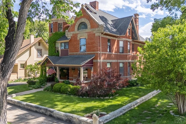 326 W Pitkin Ave, Pueblo, CO 81004 - view of front of property with brick siding, a chimney, covered porch, and a front lawn