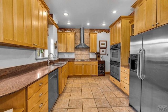 326 W Pitkin Ave, Pueblo, CO 81004 - kitchen with black appliances, wall chimney exhaust hood, a sink, dark stone countertops, and glass insert cabinets