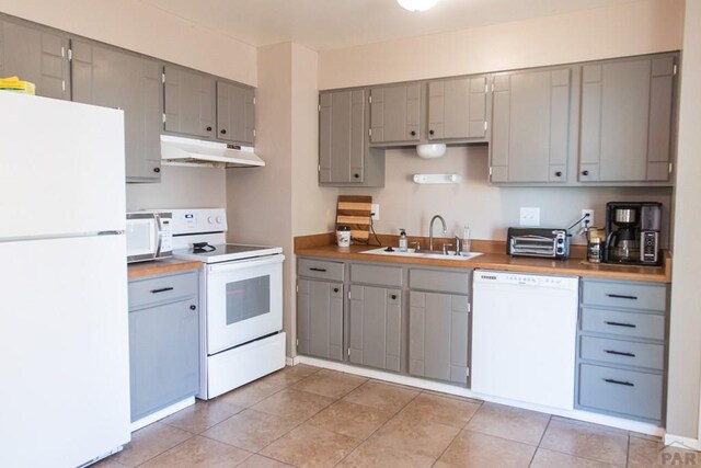 kitchen featuring gray cabinets, butcher block counters, a sink, white appliances, and under cabinet range hood