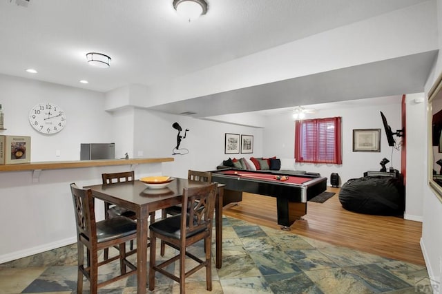 playroom with recessed lighting, a ceiling fan, wood finished floors, billiards, and baseboards