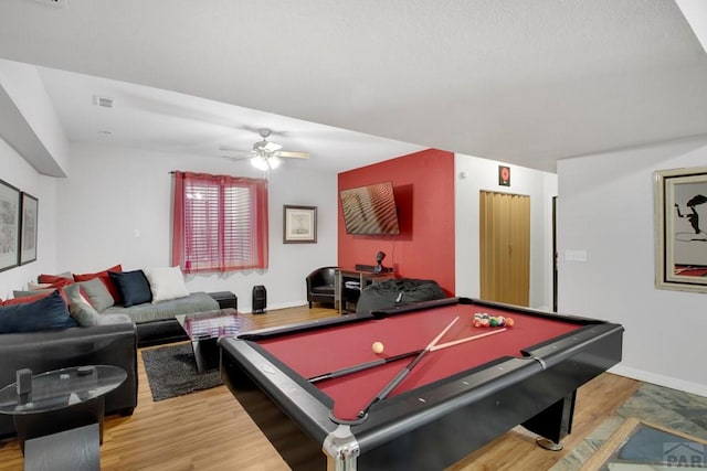 rec room featuring billiards, wood finished floors, baseboards, visible vents, and a ceiling fan