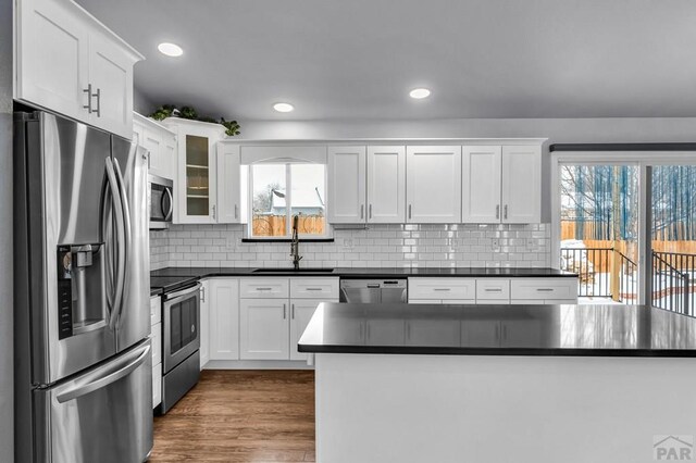 kitchen featuring plenty of natural light, dark countertops, glass insert cabinets, stainless steel appliances, and white cabinetry