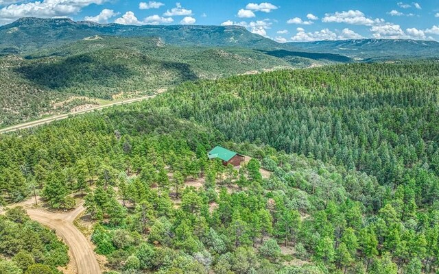 aerial view with a mountain view and a wooded view