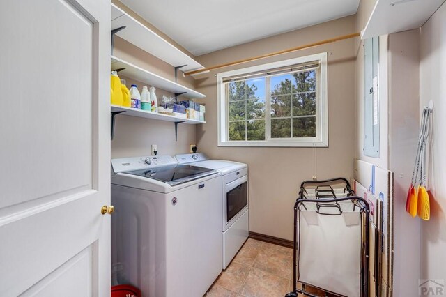 clothes washing area featuring laundry area and washer and clothes dryer