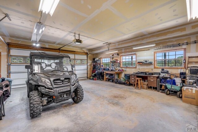 garage with a garage door opener and a workshop area