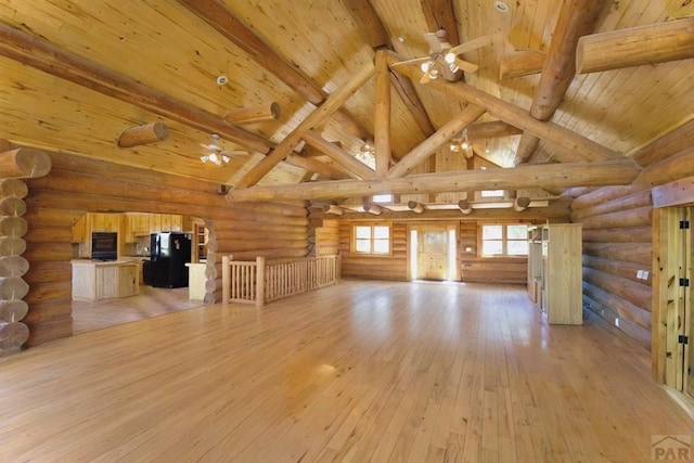 interior space featuring wood ceiling, ceiling fan, beamed ceiling, and log walls