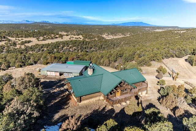 drone / aerial view featuring a forest view and a mountain view