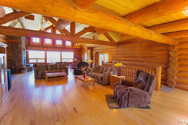 living area featuring a fireplace, hardwood / wood-style floors, wooden ceiling, vaulted ceiling with beams, and rustic walls