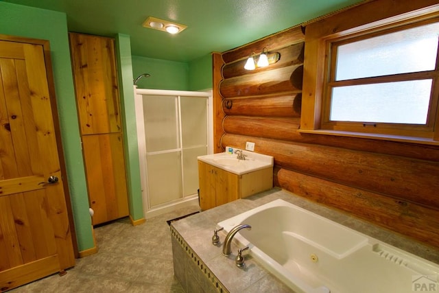 bathroom featuring a jetted tub, a shower stall, a sink, baseboards, and log walls