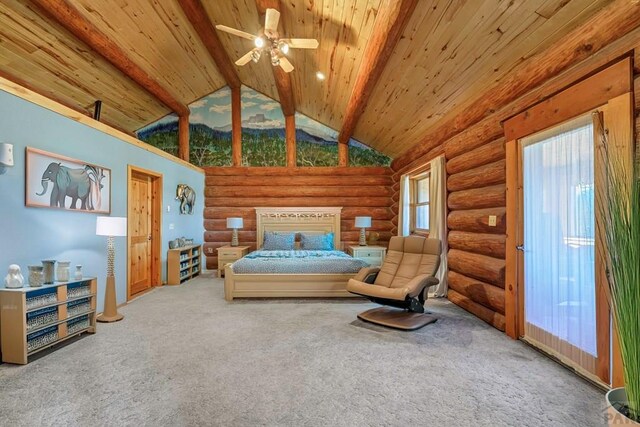 carpeted bedroom with rustic walls, wooden ceiling, multiple windows, and beam ceiling