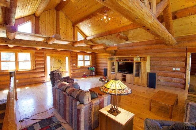 living room featuring wooden ceiling, high vaulted ceiling, beamed ceiling, log walls, and hardwood / wood-style floors