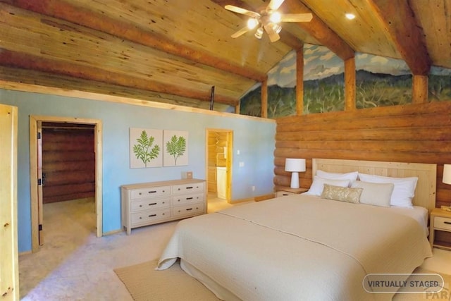 carpeted bedroom featuring wood ceiling, vaulted ceiling with beams, connected bathroom, and a spacious closet