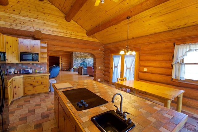 kitchen with lofted ceiling with beams, a sink, wooden ceiling, a healthy amount of sunlight, and black appliances
