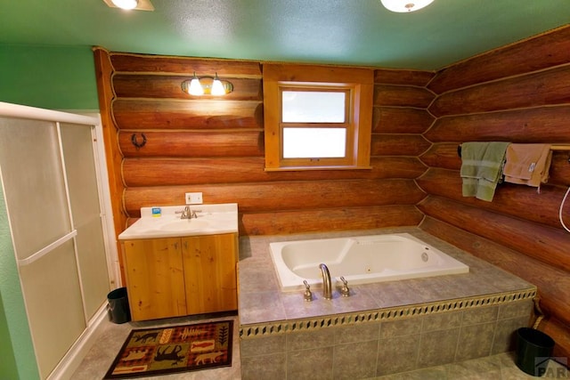 full bath with a shower with shower door, a tub with jets, log walls, and a sink