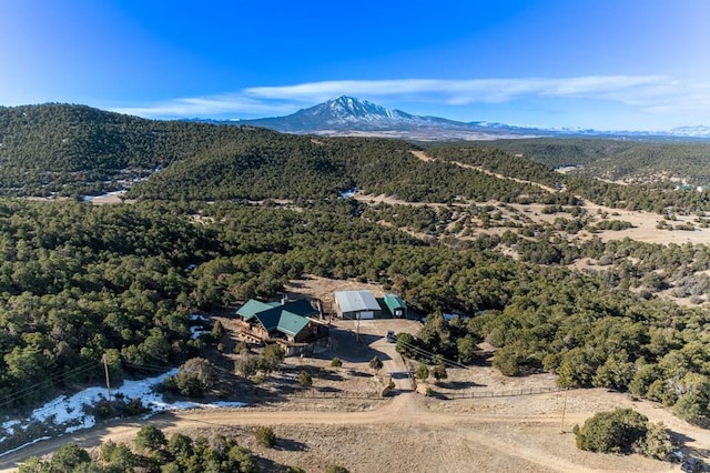 aerial view featuring a wooded view and a mountain view