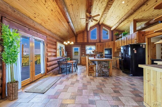 kitchen featuring black appliances, wooden ceiling, beam ceiling, and brown cabinets