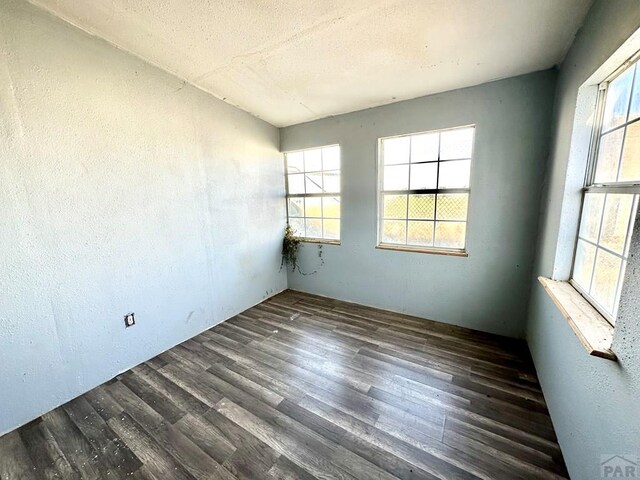 unfurnished room with dark wood finished floors, a textured ceiling, and a textured wall