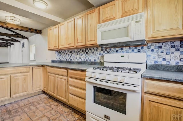 kitchen with white appliances, light brown cabinets, decorative backsplash, brick floor, and dark countertops