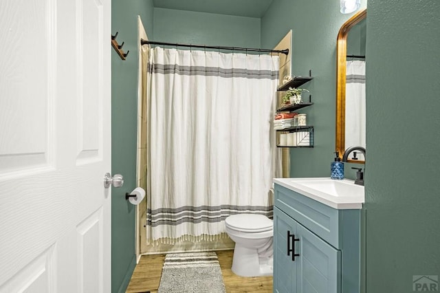 2041 Spruce St, Pueblo, CO 81004 - bathroom featuring wood finished floors, vanity, toilet, and shower / tub combo