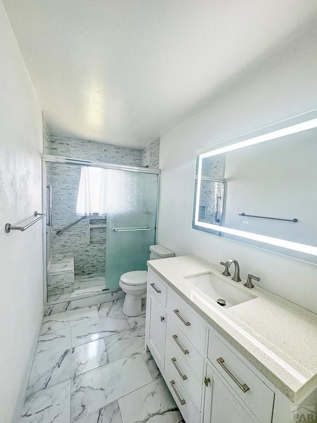 19 Cornell Cir, Pueblo, CO 81005 - full bathroom with vanity, a shower stall, and marble finish floors