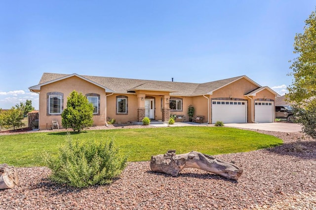 single story home featuring a front yard, concrete driveway, an attached garage, and stucco siding