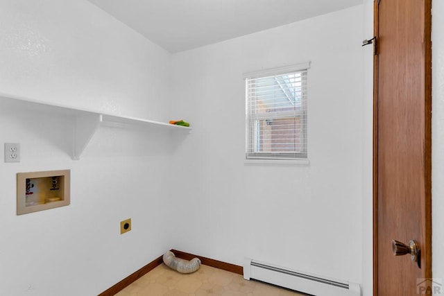 laundry room featuring hookup for a washing machine, a baseboard radiator, electric dryer hookup, laundry area, and baseboards