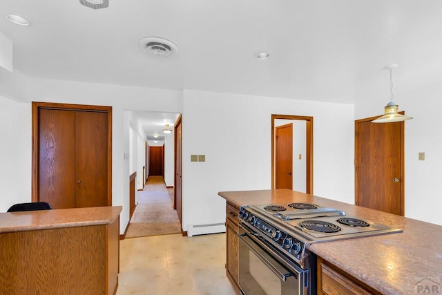 kitchen with visible vents, range with electric cooktop, brown cabinetry, a baseboard radiator, and light countertops