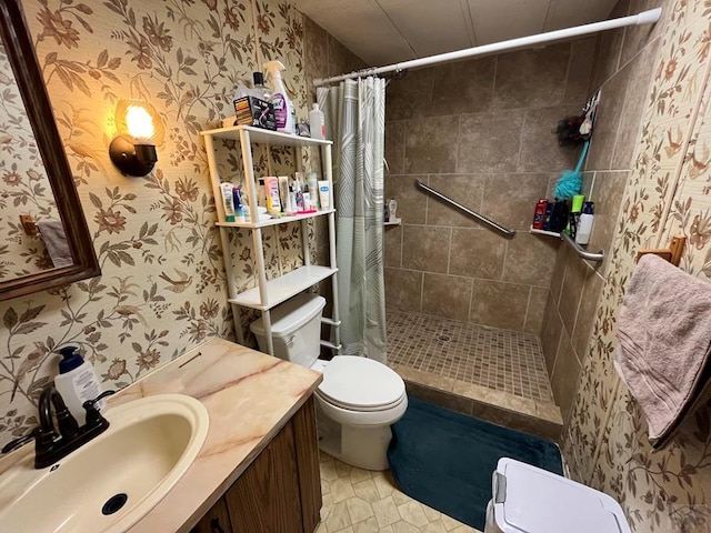 bathroom featuring a stall shower, tile patterned floors, toilet, and wallpapered walls