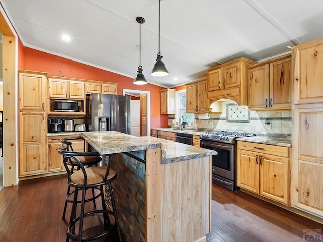 52825 E US Highway 50, Boone, CO 81025 - kitchen featuring black appliances, lofted ceiling, a center island, light brown cabinets, and decorative backsplash