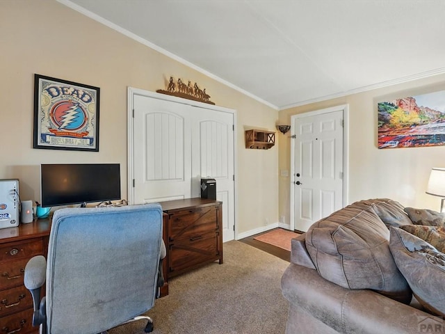 52825 E US Highway 50, Boone, CO 81025 - home office featuring carpet flooring, ornamental molding, and lofted ceiling