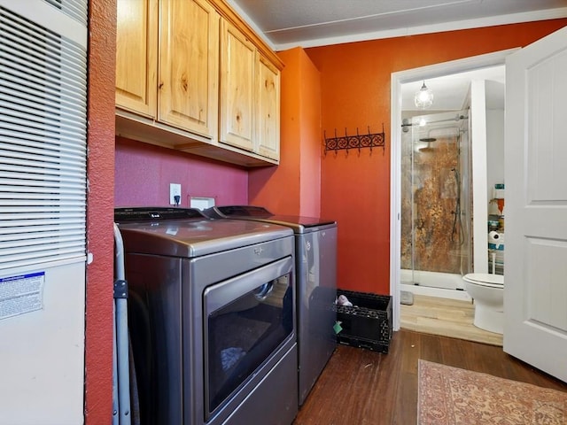 52825 E US Highway 50, Boone, CO 81025 - laundry area with washing machine and clothes dryer, dark wood-type flooring, and cabinet space