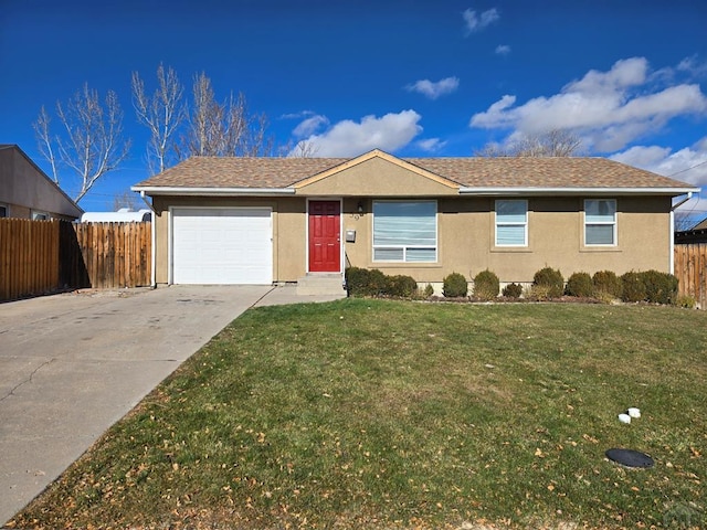 single story home with driveway, an attached garage, fence, and stucco siding