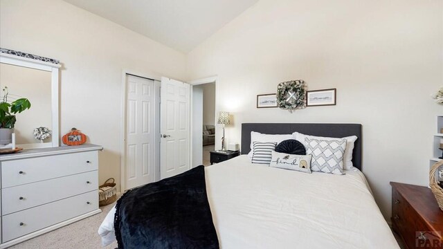 bedroom with lofted ceiling, a closet, and carpet