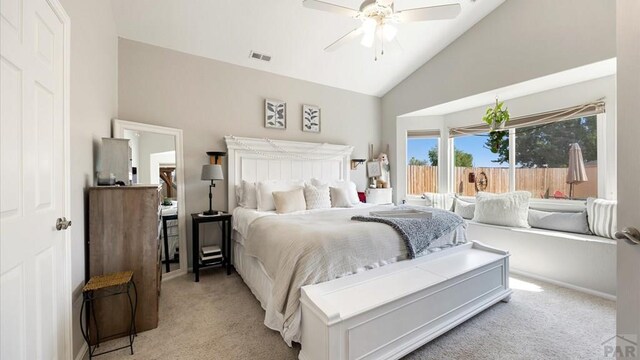 bedroom featuring light carpet, access to outside, visible vents, and ceiling fan