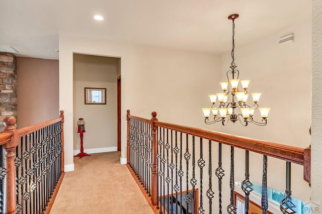 611 Rock Ridge Loop, Canon City, CO 81212 - hall featuring a chandelier, an upstairs landing, light carpet, baseboards, and recessed lighting