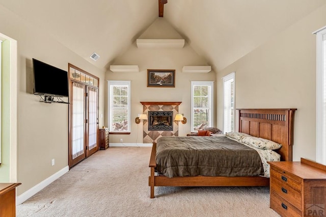 611 Rock Ridge Loop, Canon City, CO 81212 - bedroom with multiple windows, light colored carpet, baseboards, and a fireplace